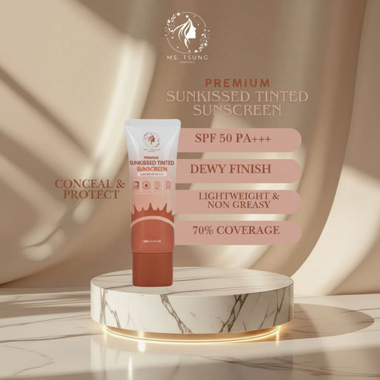 Sunscreen tube with product features on a marble platform