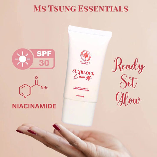 Sunblock cream with SPF 30 and niacinamide on a beige background, featuring MS Tsung Essentials branding.