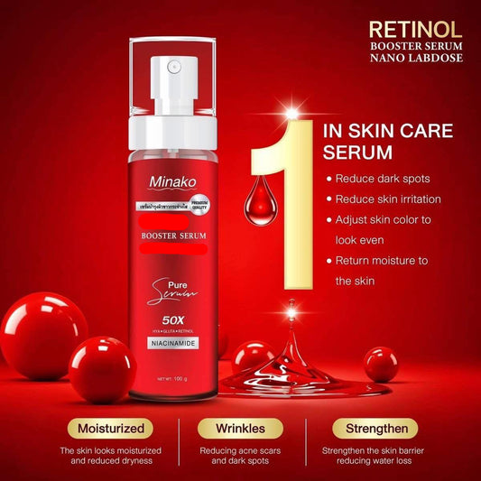 Red bottle of Minako Retinol Booster Serum on a red background with text highlighting serum benefits.
