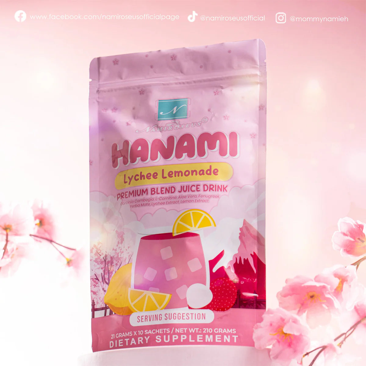 Hanami Lychee Lemonade juice drink package with cherry blossom design on a pink background