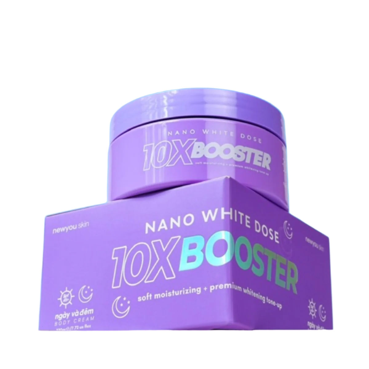 Purple '10X Booster' cream container with box against a blue sky background