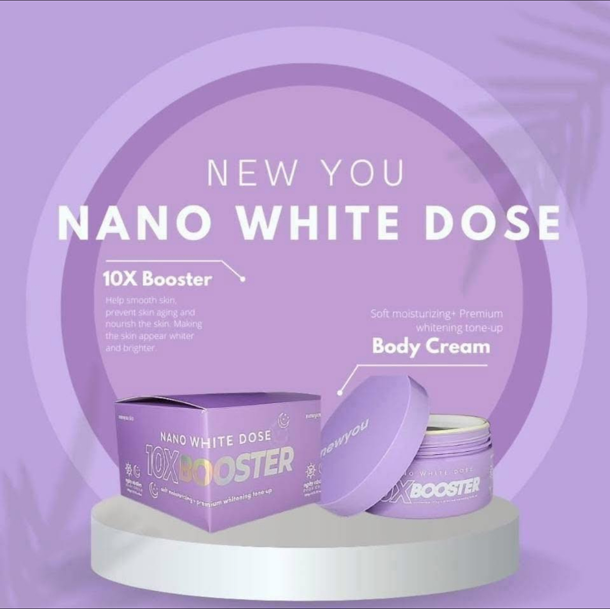 Purple 'NEW YOU Nano White Dose' body cream packaging on a light purple background