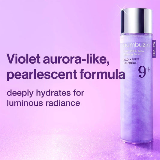 Skincare bottle with purple label on a matching purple background, featuring text about a 'Violet aurora-like' formula.