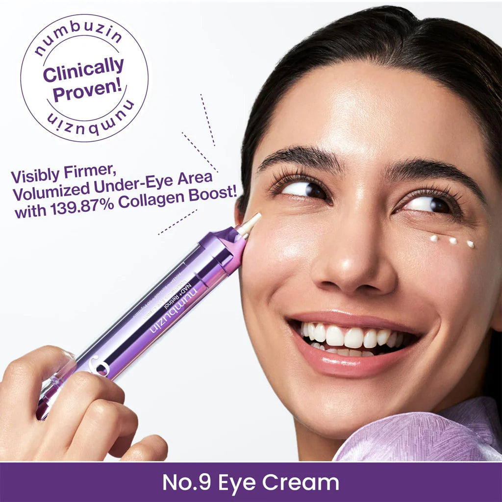 Woman using eye cream with text highlighting its benefits and clinical provenance.