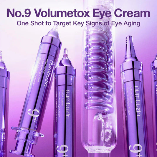 Volumetox eye cream with syringe applicators on a purple background