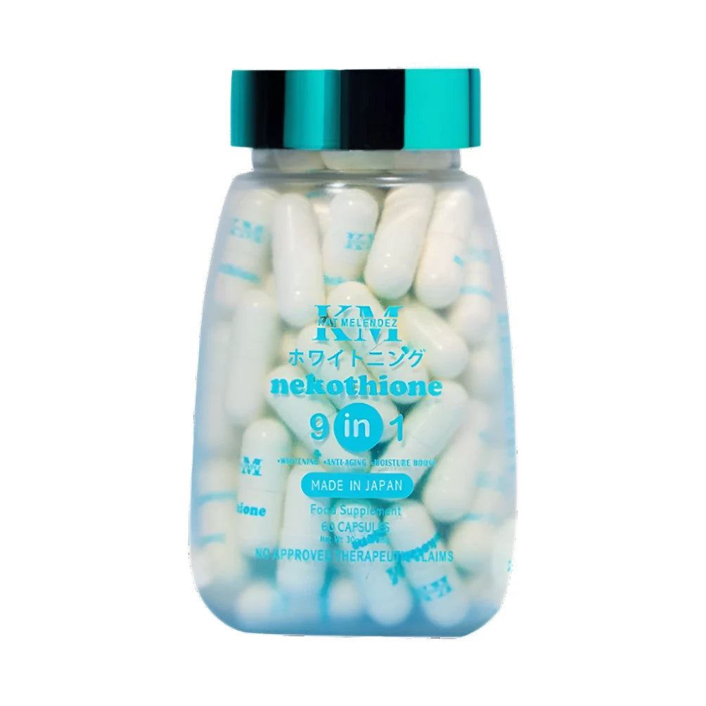 Bottle of nekothione 9 in 1 capsules with a blue cap on a white background