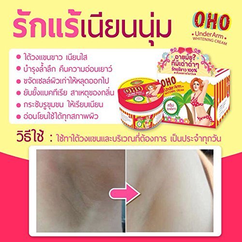 Promotional graphic for OHO UnderArm Whitening Cream, featuring product packaging, Thai text benefits, and a before-and-after skin whitening comparison image.