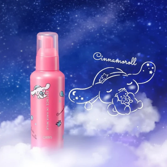Pink bottle of Orbis Essence in Hair Milk with Cinnamoroll design on a blue and white cloud background.