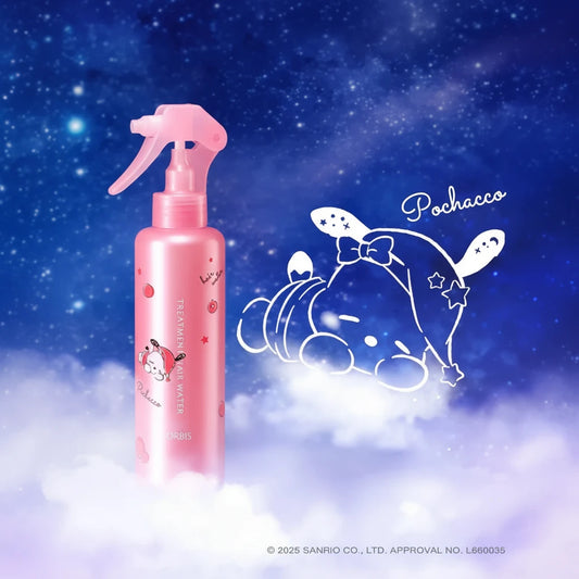 Pink spray bottle with cartoon character on a blue and white background