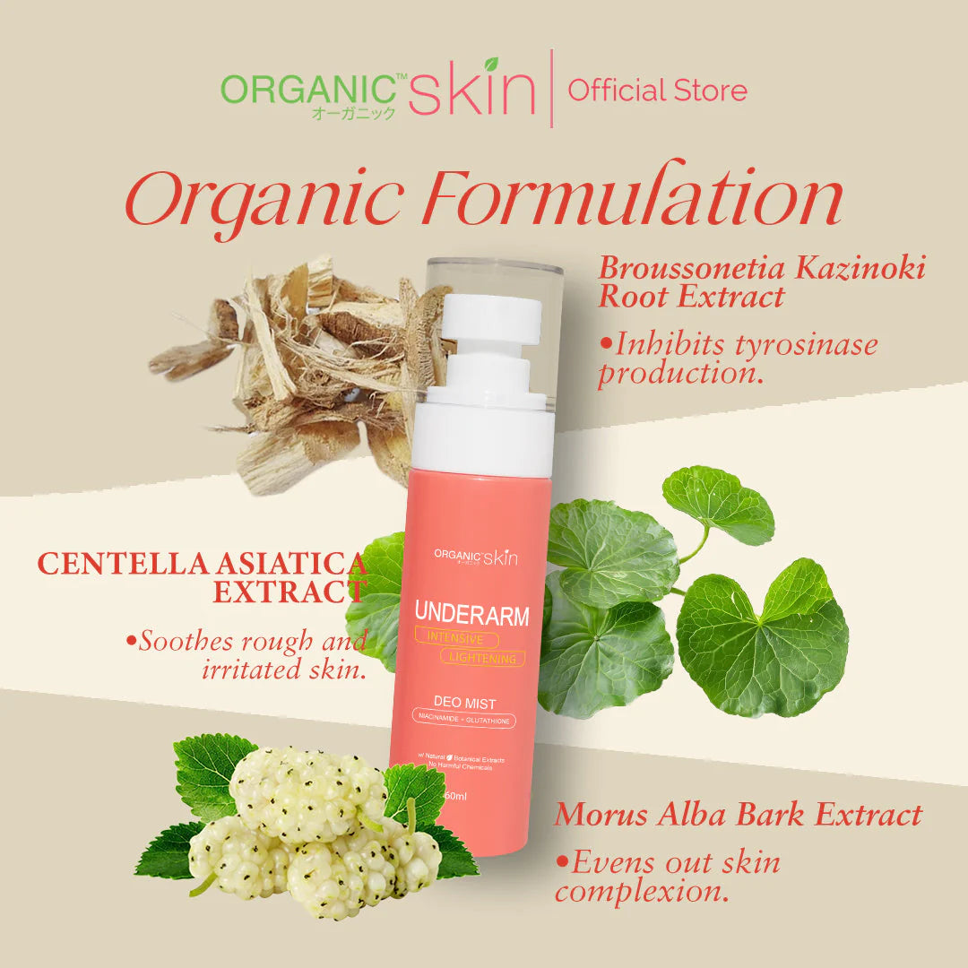 Organic skincare product with botanical elements and text about ingredients on a beige background