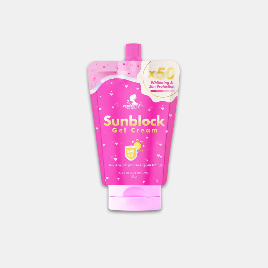 Pink sunblock gel cream packaging on a white background