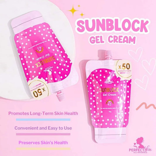 Sunblock gel cream packaging with pink and white design on a pink background