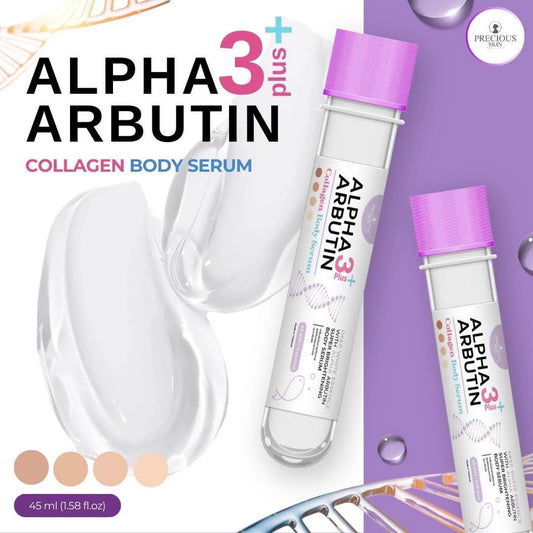 Alpha Arbutin collagen body serum with applicator on a purple background