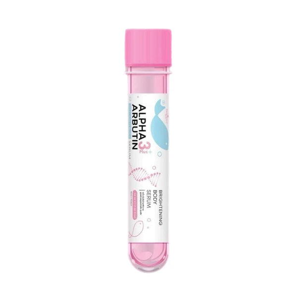 Alpha Arbutin skincare product with pink cap and white body on a white background