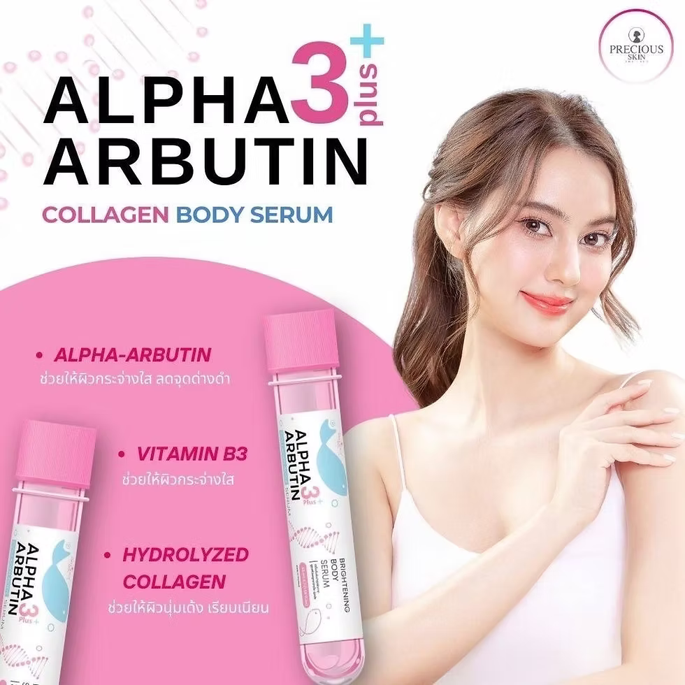 Advertisement for Alpha Arbutin collagen body serum with a woman and product packaging.