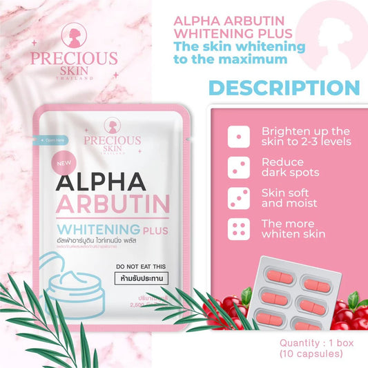 Alpha Arbutin Whitening Plus product packaging with text and images on a pink background