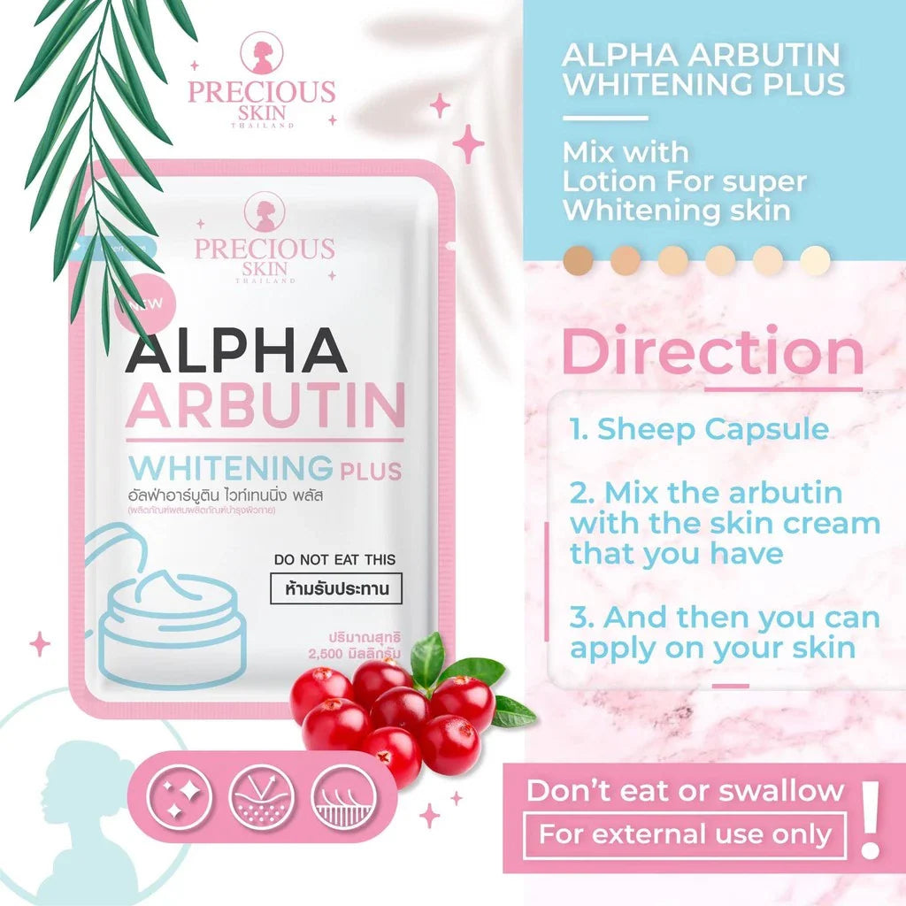 Alpha Arbutin Whitening Plus product packaging with directions and branding on a pink and white background.
