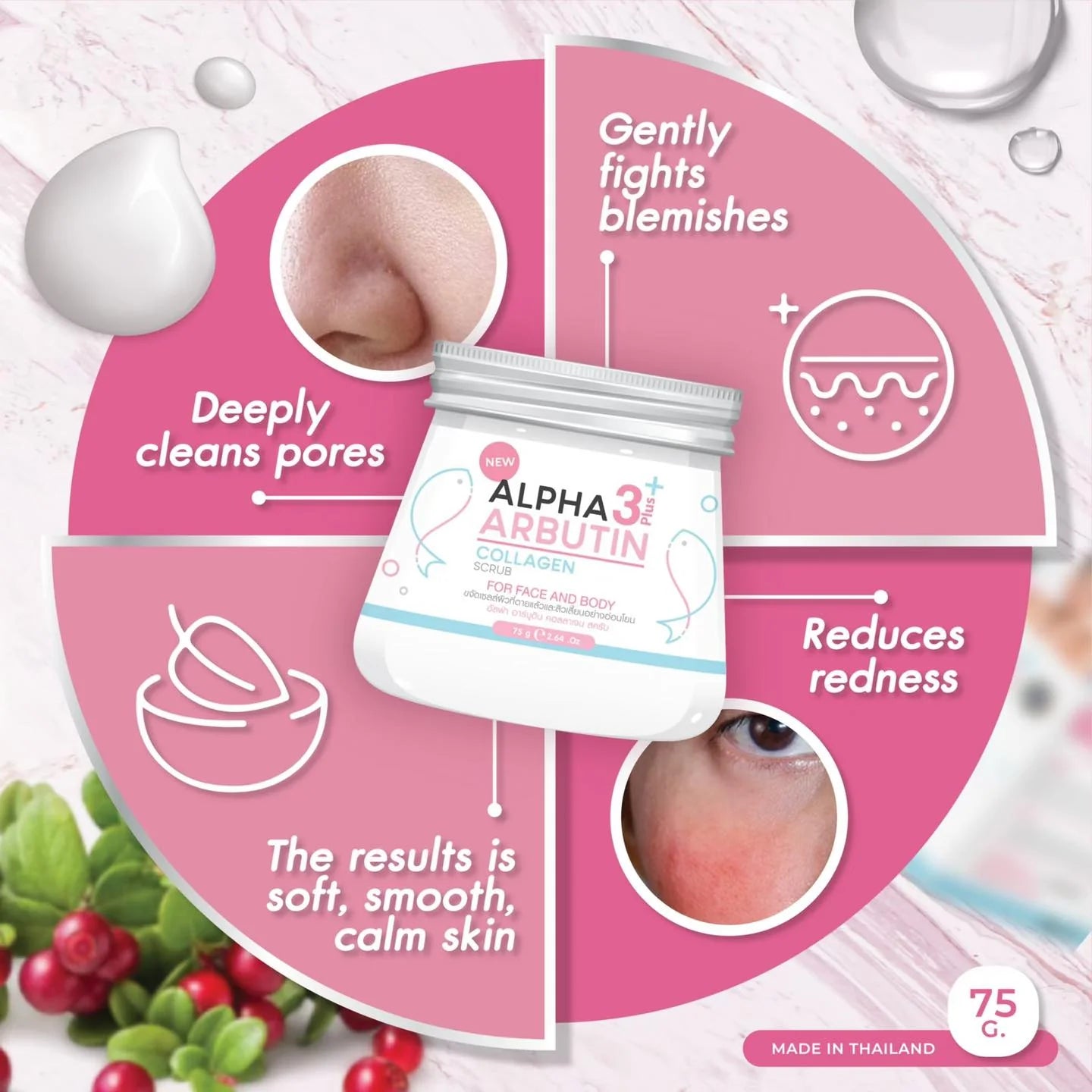 Alpha 3 Arbutin product packaging with pink background and text about skincare benefits.