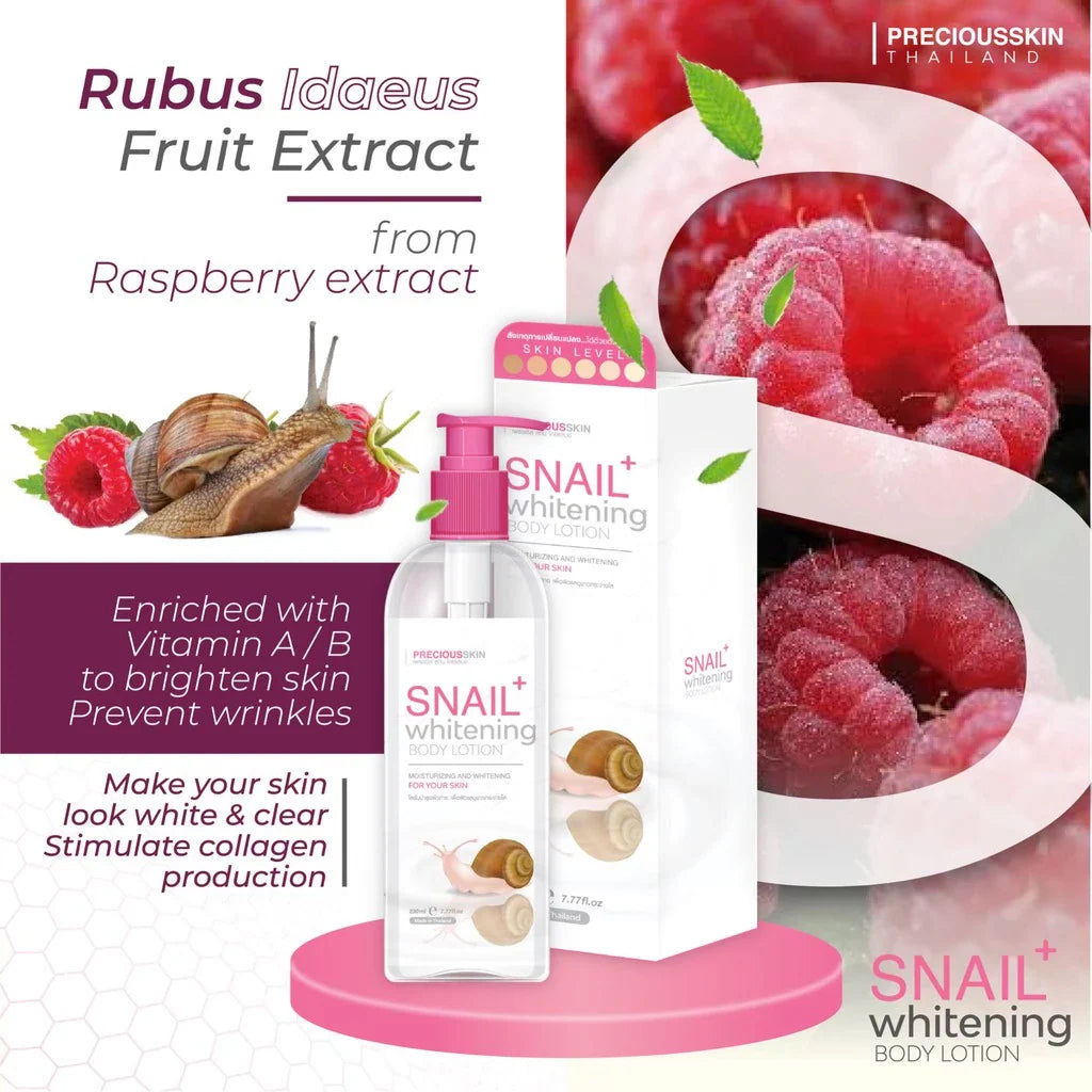 Snail whitening body lotion with raspberry extract and snail shell on a pink stand against a white background.
