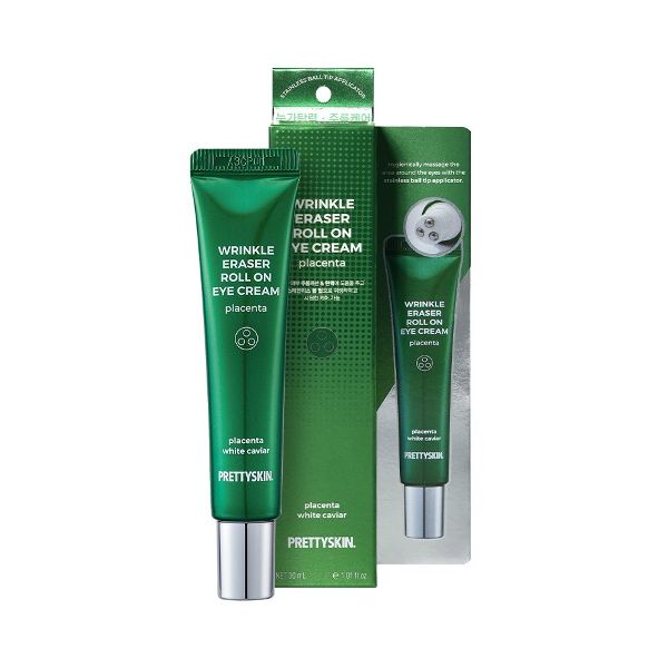 PrettySkin Wrinkle Eraser Roll On Eye Cream with packaging on a white background