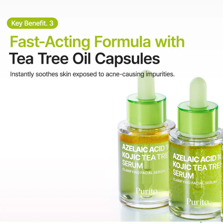 Two bottles of Purito Azelaic Acid Kojic Tea Tree Serum with text about tea tree oil capsules on a white background.