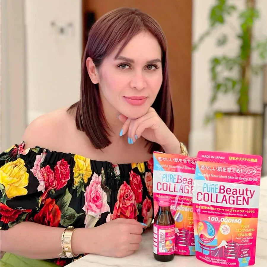 Woman holding Pure Beauty Collagen products in a casual setting