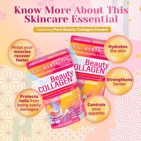 Pure Beauty Collagen Powder packaging with benefits listed on a decorative background