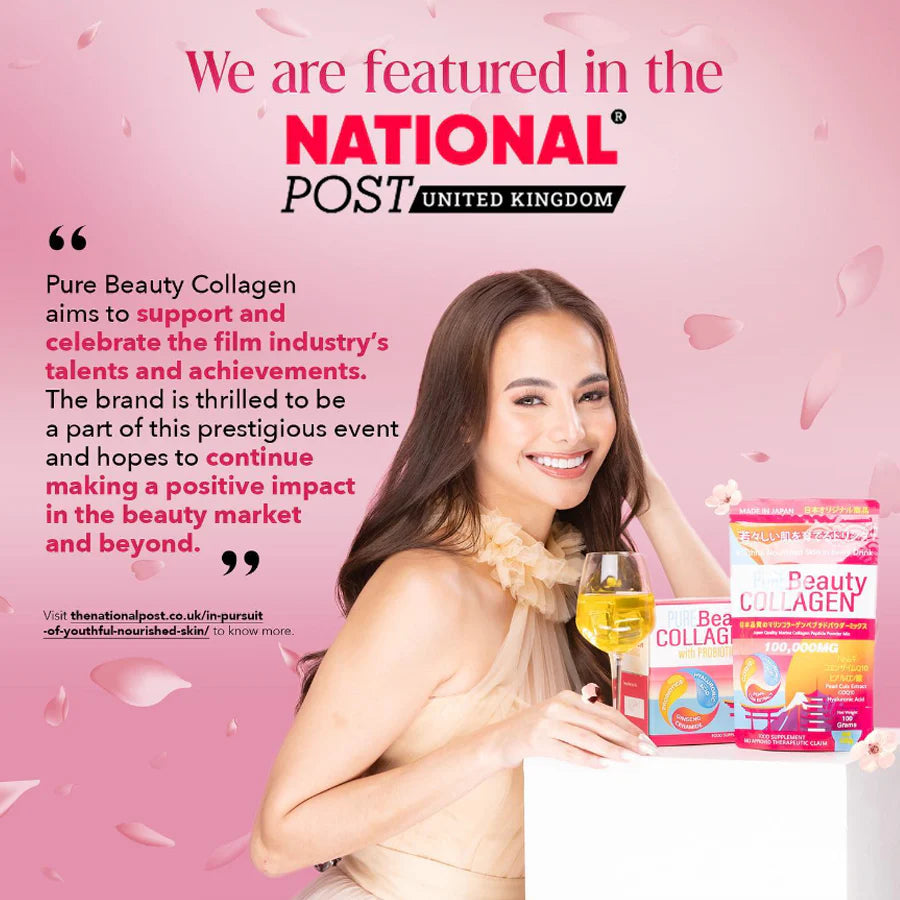 Woman holding Pure Beauty Collagen products with promotional text on a pink background
