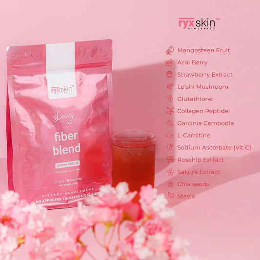 Pink fiber blend package with a glass of red liquid and pink flowers on a pink background, featuring ryxskin brand.