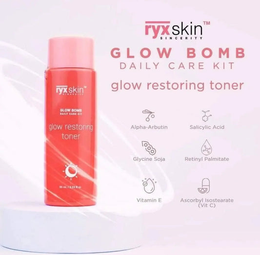 Ryx Skin Glow Bomb Daily Care Kit glow restoring toner on a white background