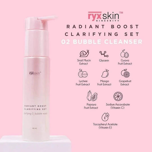 ryxskin bubble cleanser bottle with ingredient list on a pink background