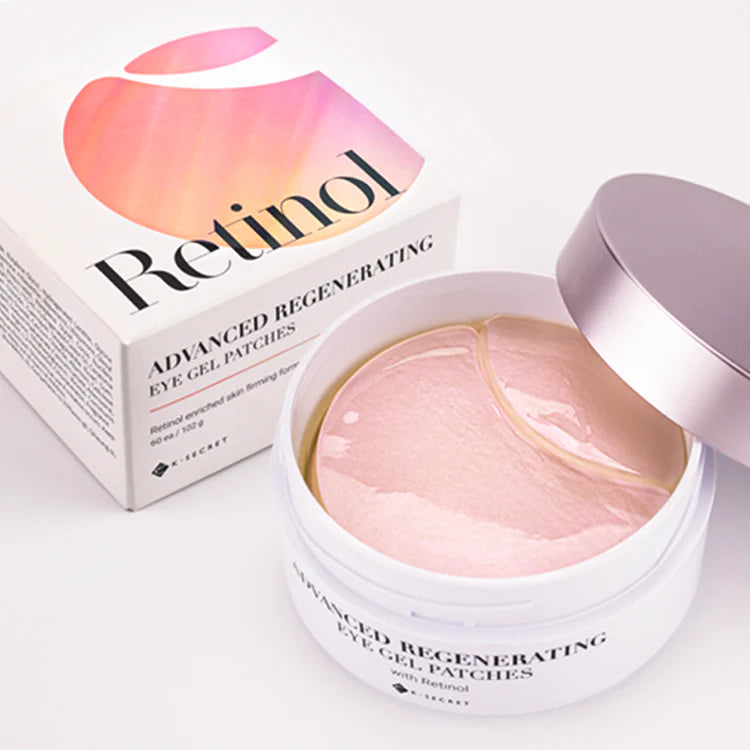 Retinol advanced regenerating eye gel patches with packaging on a white background
