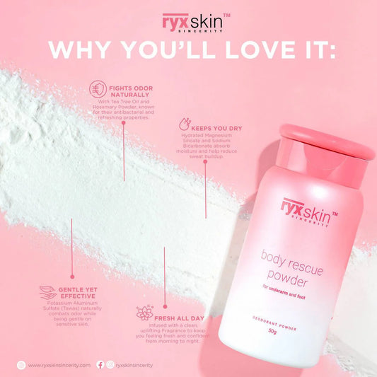 Ryx Skin body rescue powder with features listed on a pink background