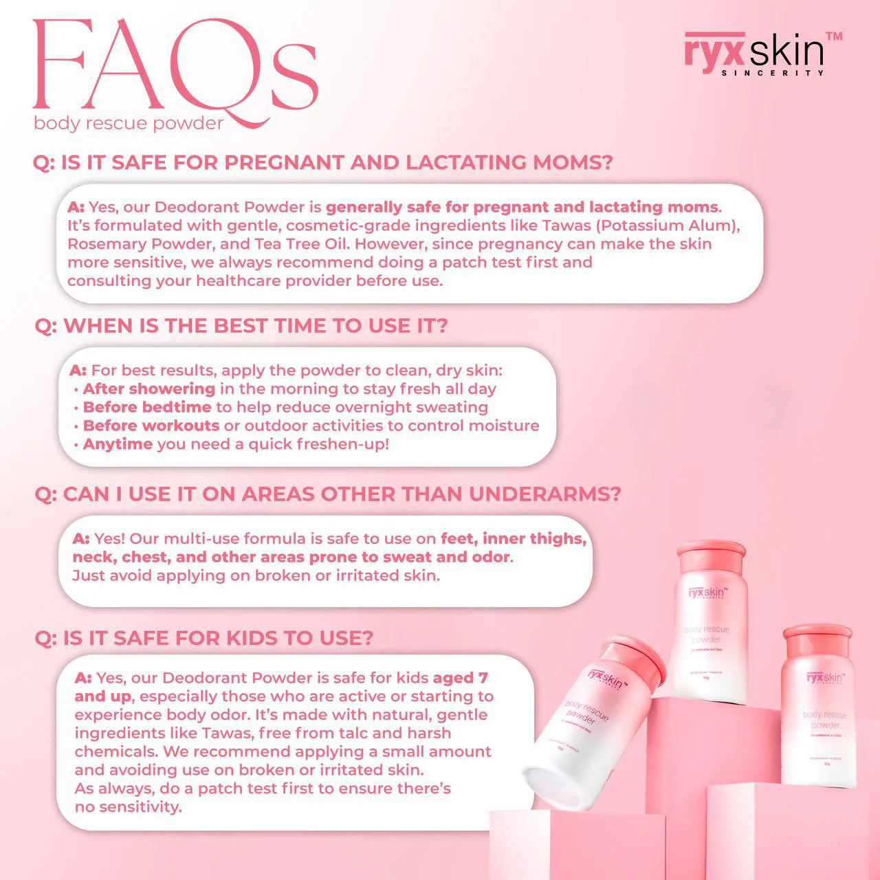 Ryx Skin FAQs on a pink background with product images.