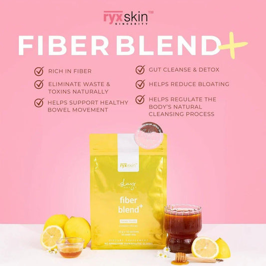 Fiber blend package with lemon slices and a glass of tea on a pink background, featuring the Ryxskin brand.