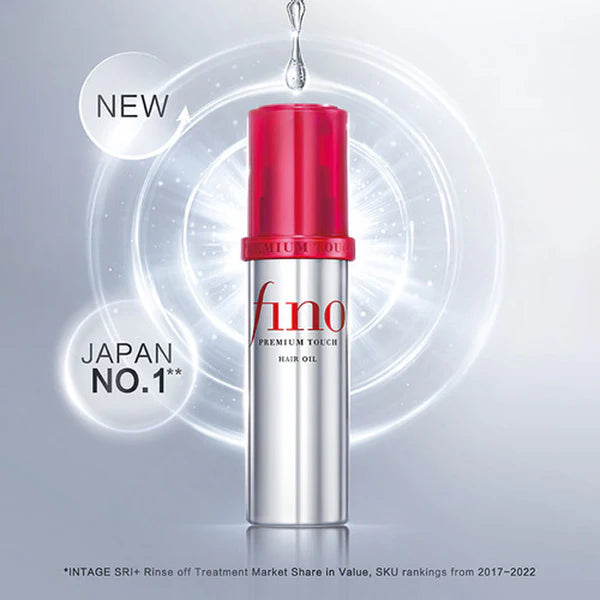 Fino hair oil bottle with red cap and silver body on a gray background
