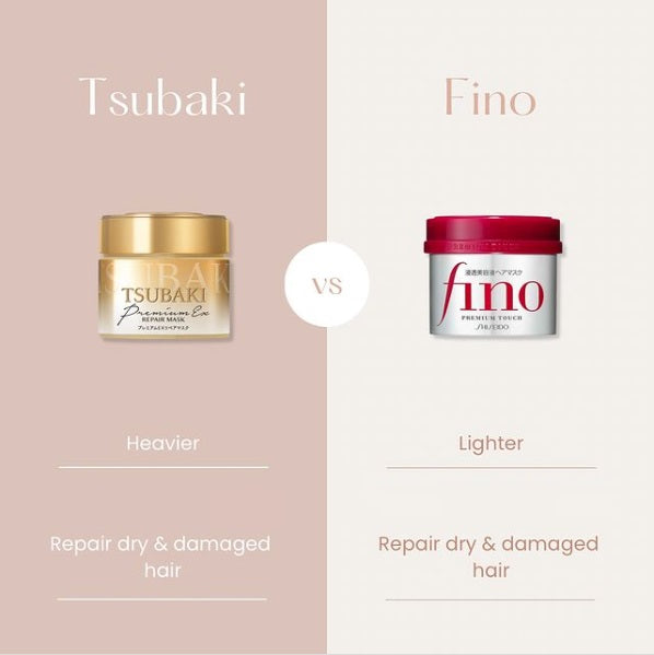 Two hair care product jars, one gold and one silver, with 'Tsubaki' and 'Fino' branding on a pink and white background.