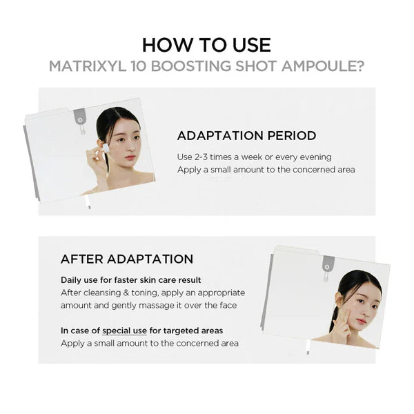 Instructions on how to use Matrixyl 10 Boosting Shot Ampoule with a woman applying it.