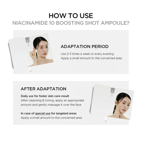 Instructions on how to use Niacinamide 10 Boosting Shot Ampoule with a woman's face shown.