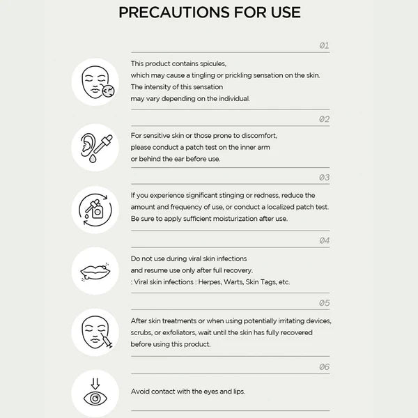 Precautions for use text with icons on a white background