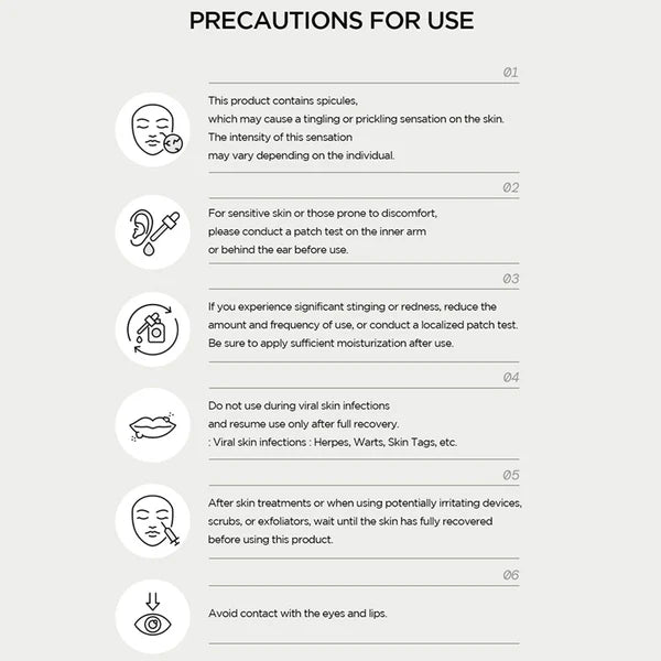 Precautions for use text with icons on a white background