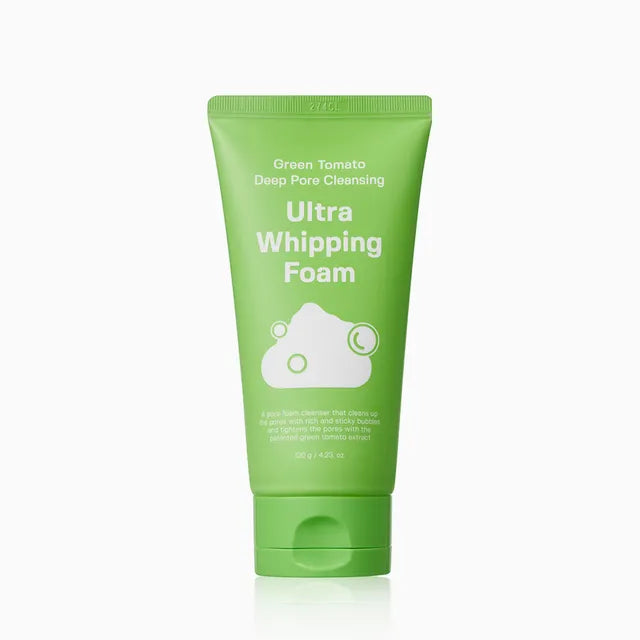 Green tube of Ultra Whipping Foam on a white background