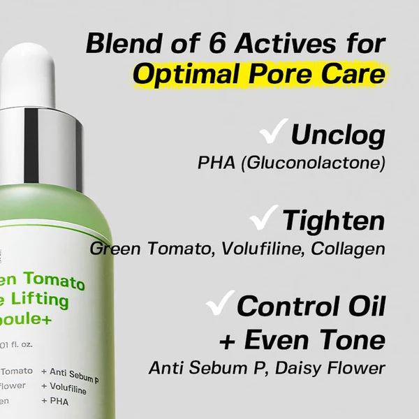 Skincare serum bottle with text detailing its benefits on a gray background