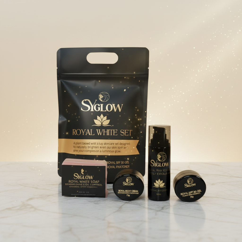 Syglow Royal White skincare set with various products on a white background