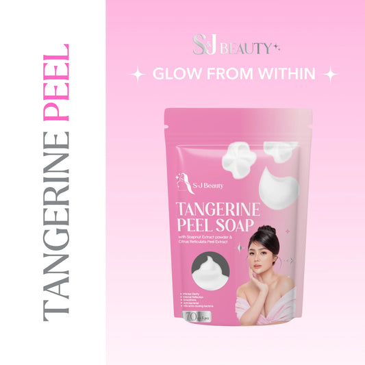 S-J Beauty Tangerine Peel Soap packaging on a pink background with text and an image of a woman.