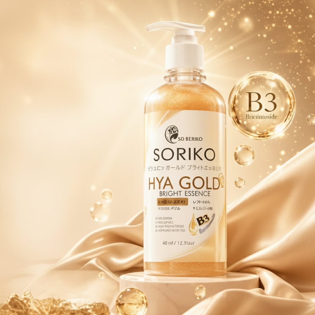 Soriko Hya Gold bright essence bottle with gold and beige background