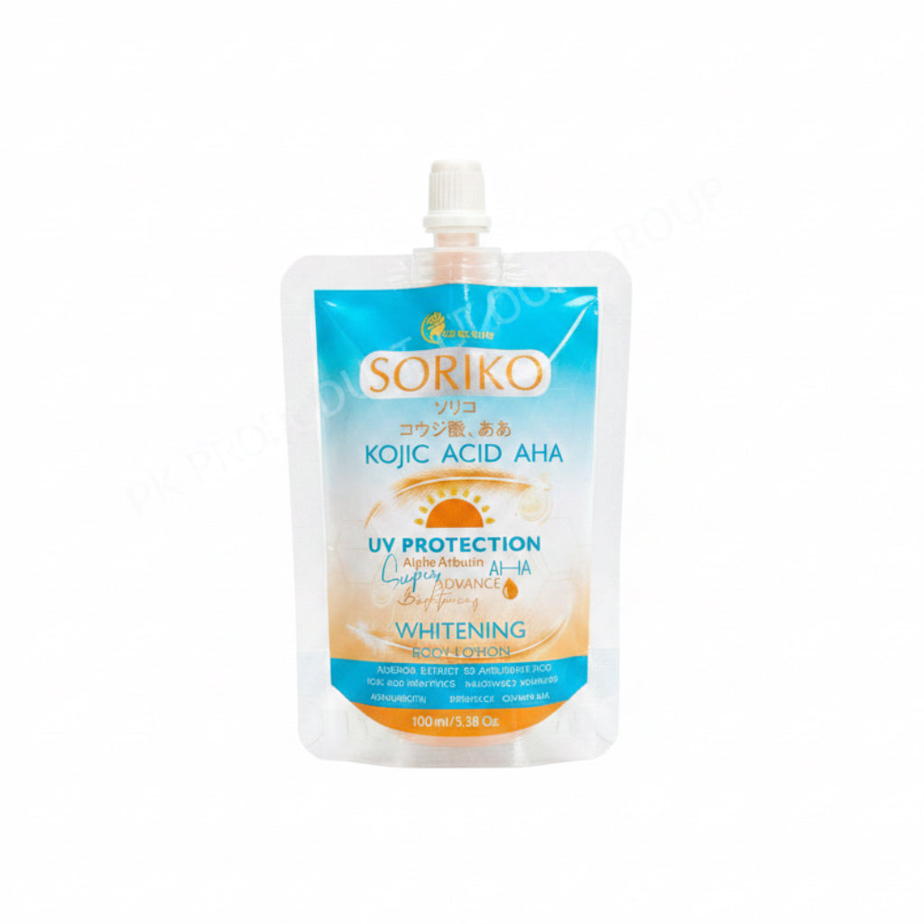Soriko Kojic Acid AHA whitening product packaging on a white background