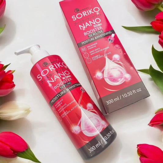 Soriko Nano Booster Serum bottle and box with red flowers on a white background
