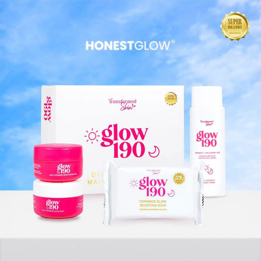 Honest Glow skincare products with a blue sky background