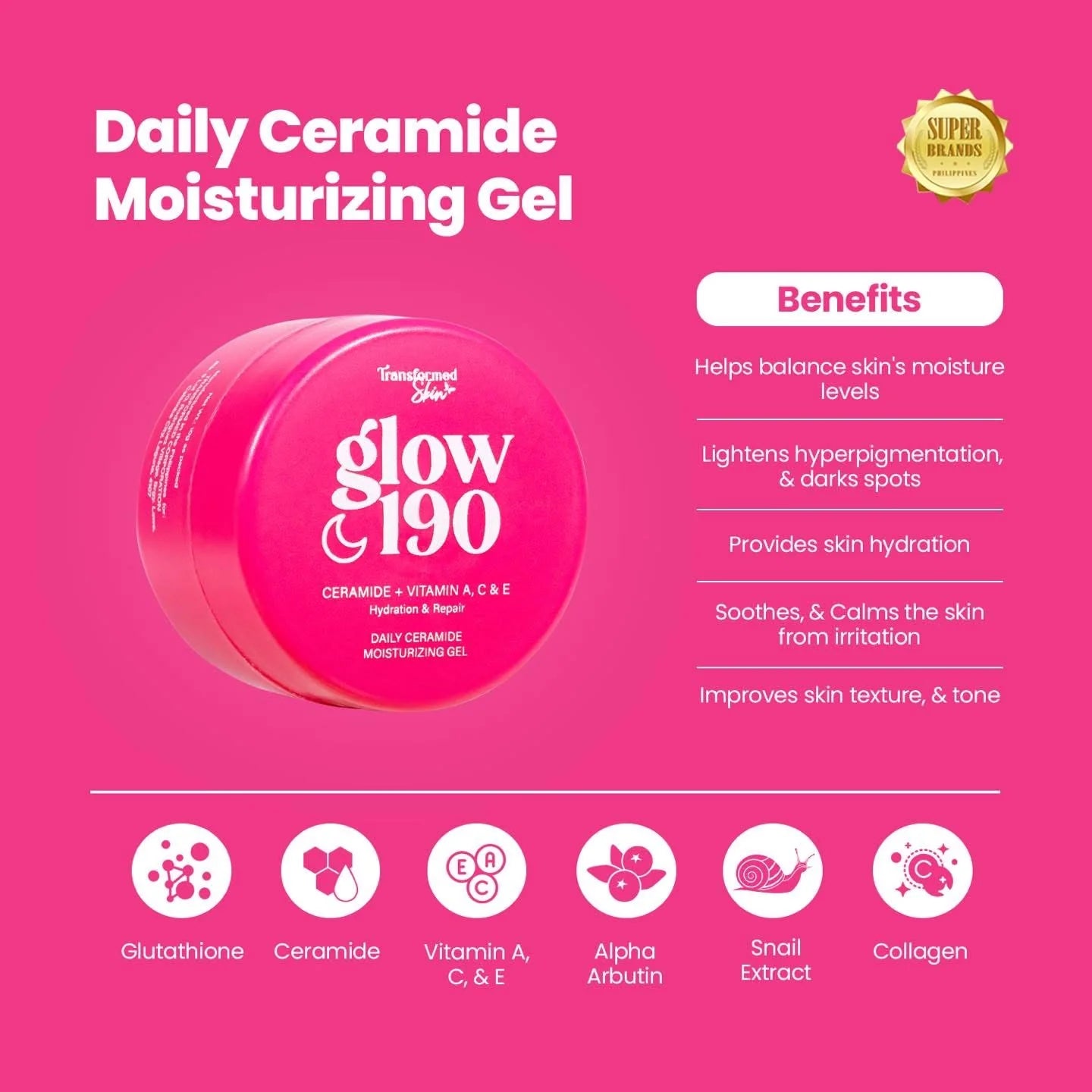 Glow 190 Daily Ceramide Moisturizing Gel packaging on a pink background with benefits listed.